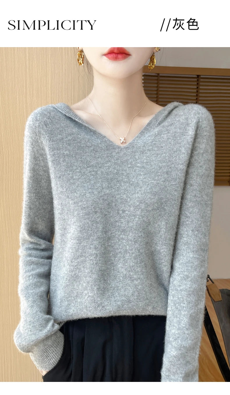 Abbigliamento donna autunno inverno colletto con cappuccio pullover maglione di lana merino 100% nuova moda top in cashmere che tocca il fondo maglieria morbida