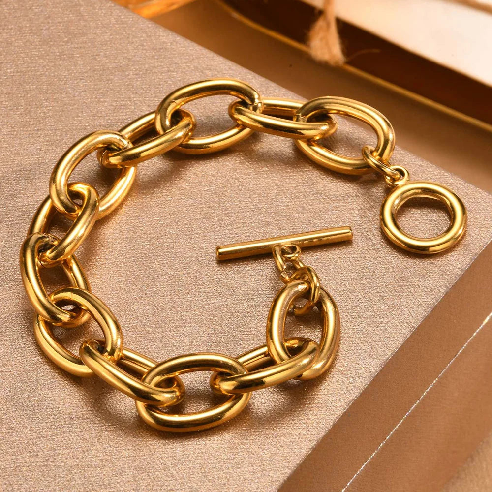 Braccialetti a ginocchiera robusti e audace da donna, bracciale a catena a maglie con fibbia OT in acciaio inossidabile placcato oro senza appannamento