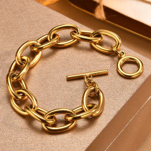 Braccialetti a ginocchiera robusti e audace da donna, bracciale a catena a maglie con fibbia OT in acciaio inossidabile placcato oro senza appannamento