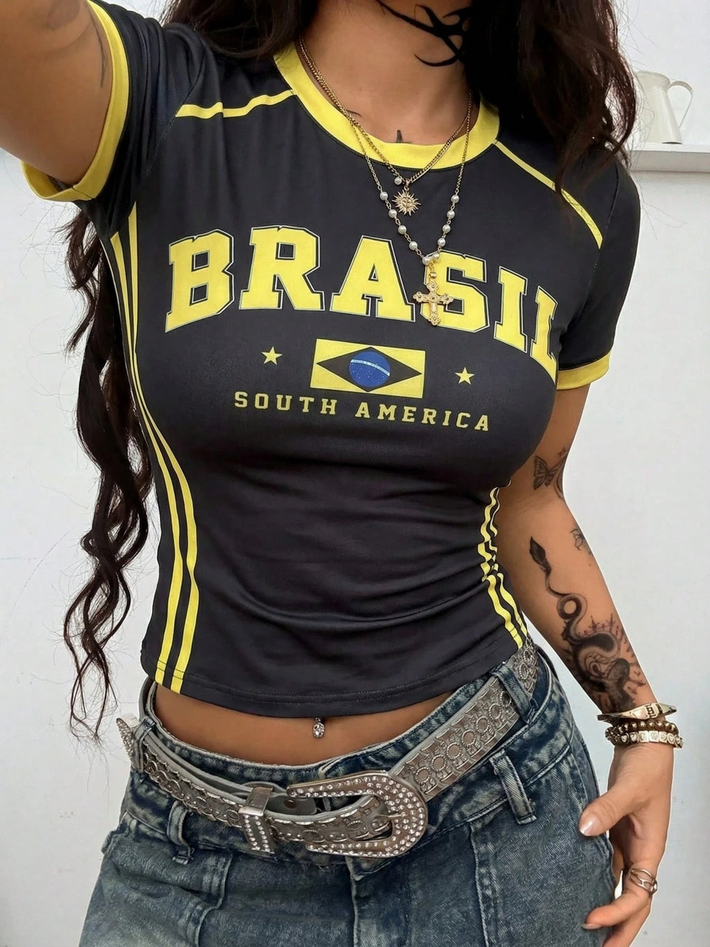 T-shirt da donna con stampa bandiera nazionale del Brasile, maglia da tifoso alla moda, top casual con scollo a O, manica corta, abbigliamento estivo femminile