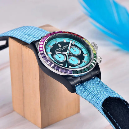 PAGANI DESIGN Orologio meccanico da uomo di lusso 40mm Orologio con cronometraggio multifunzionale Lunetta arcobaleno Vetro zaffiro Orologi da uomo PD1732