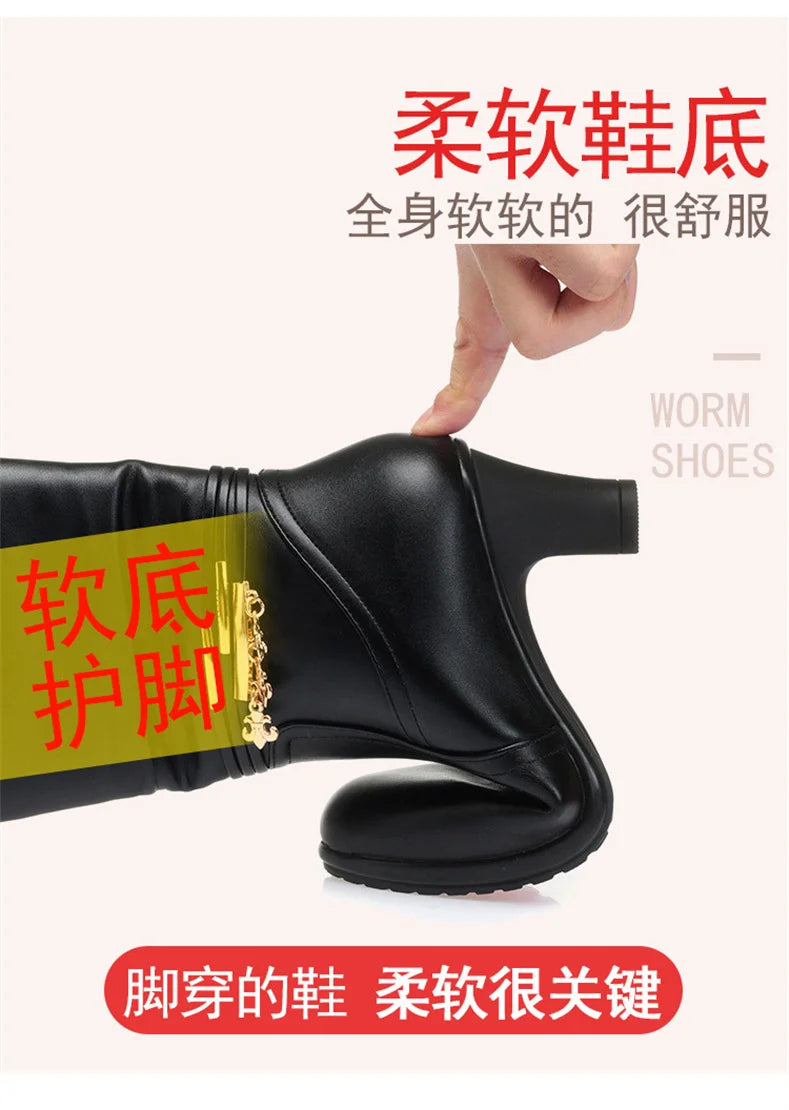 Women Comfortable Fleece Medium Boots Autumn Winter New Style Thick Heel Side Zipper Pointed Fashion High Heels Boots