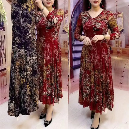 Abito lungo stampato floreale moda casual Abbigliamento femminile Elegante scollo a V Primavera Autunno A-Line Vita Abiti vintage a maniche lunghe