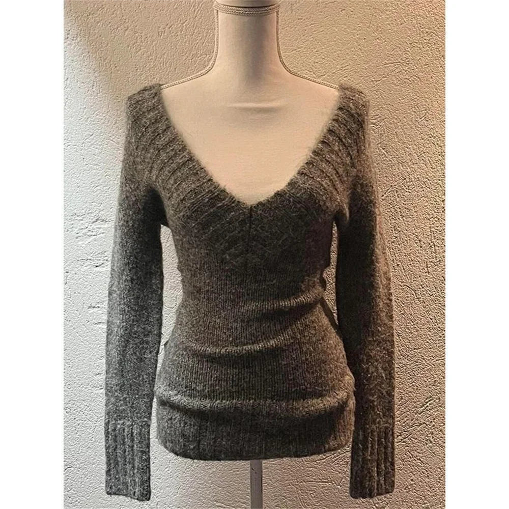 Moda vintage scollo a V top in maglia donna 2025 inizio autunno inverno nuovi maglioni slim pullover a maniche lunghe gilet di pizzo set da 2 pezzi