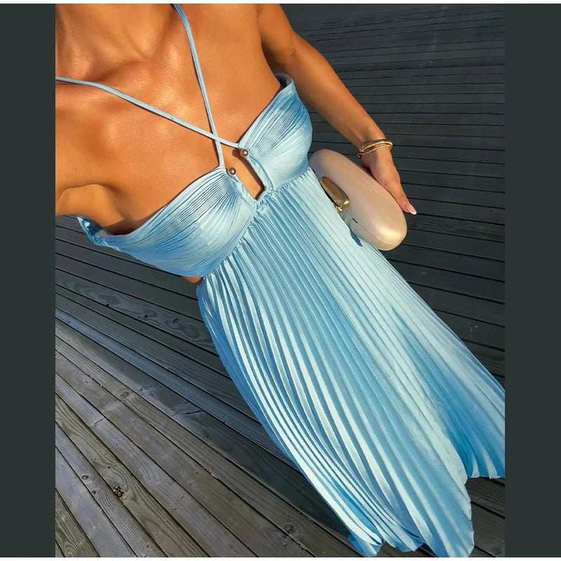 Abito Lungo Estivo da Donna con Scollo all'Americana e Pieghe, Senza Schienale, Senza Maniche, Blu, per Vacanze al Mare, Moda Femminile 2026, Vestito a Trapezio
