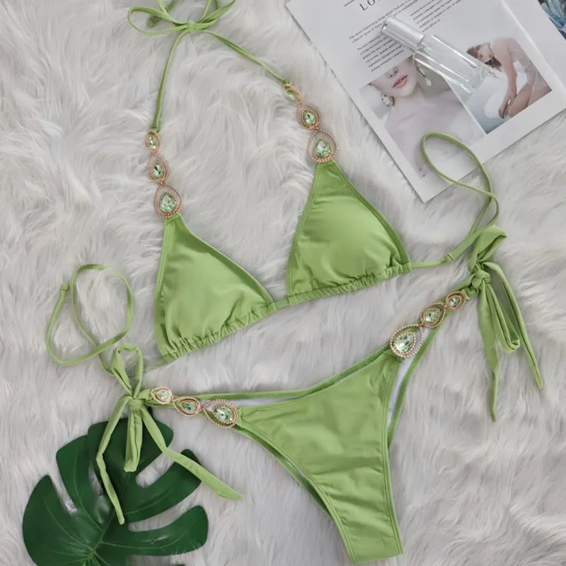 Nero Sexy Bikini 2026 Costume da bagno con strass Donna Costumi da bagno Donna Push Up Bikini Beach Swim Wear Costume da bagno Piscina Bagnante