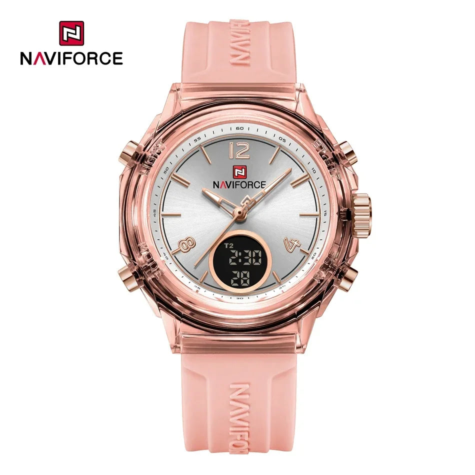 NAVIFORCE Orologio da donna di lusso Orologio sportivo all'aria aperta in oro Orologi impermeabili Doppio display dell'ora Orologi da polso al quarzo Orologio digitale in gomma