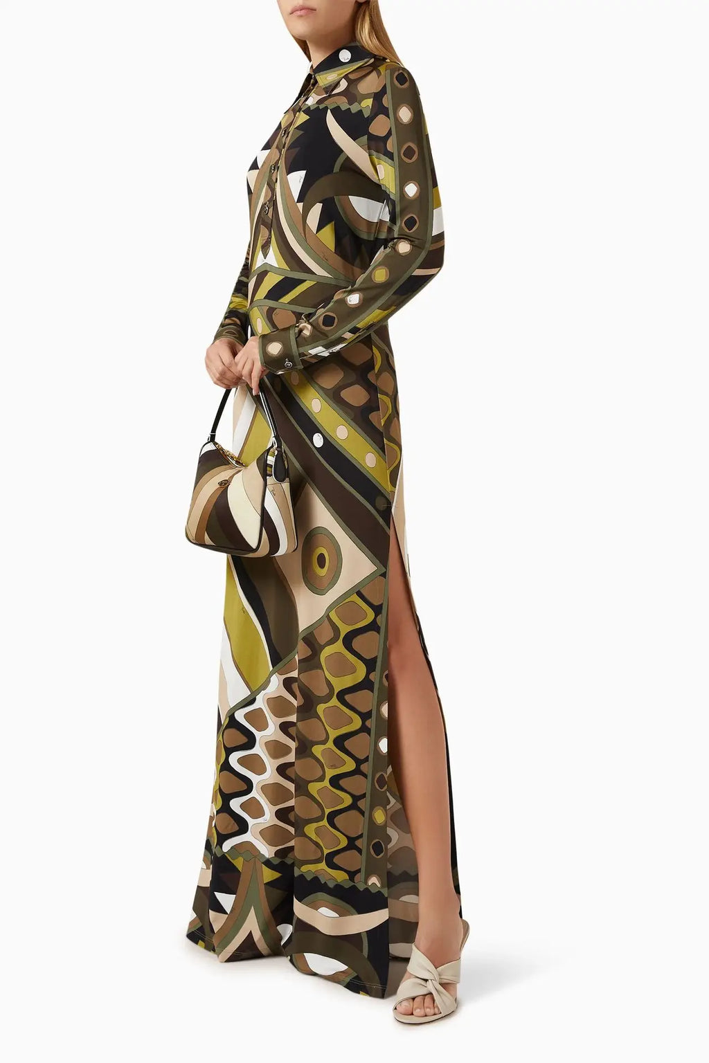 Donne eleganti autunno inverno stampa geometrica posizionamento bavero abito slim fit abiti maxi da festa con spacco a maniche lunghe alla moda
