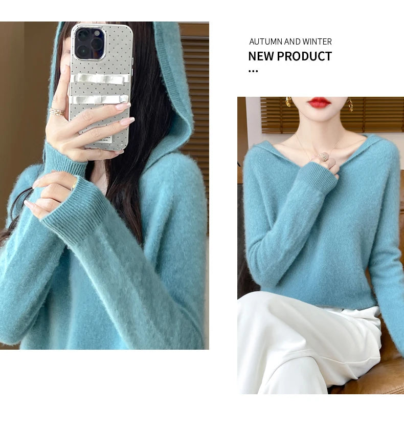 Abbigliamento donna autunno inverno colletto con cappuccio pullover maglione di lana merino 100% nuova moda top in cashmere che tocca il fondo maglieria morbida