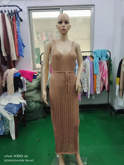 New Women's Sexy Knitted Midi Dresses Summer Elegant Beachwear Hollow Out Fishnet Bikini Cover-ups Vacation Long Dress for Girls