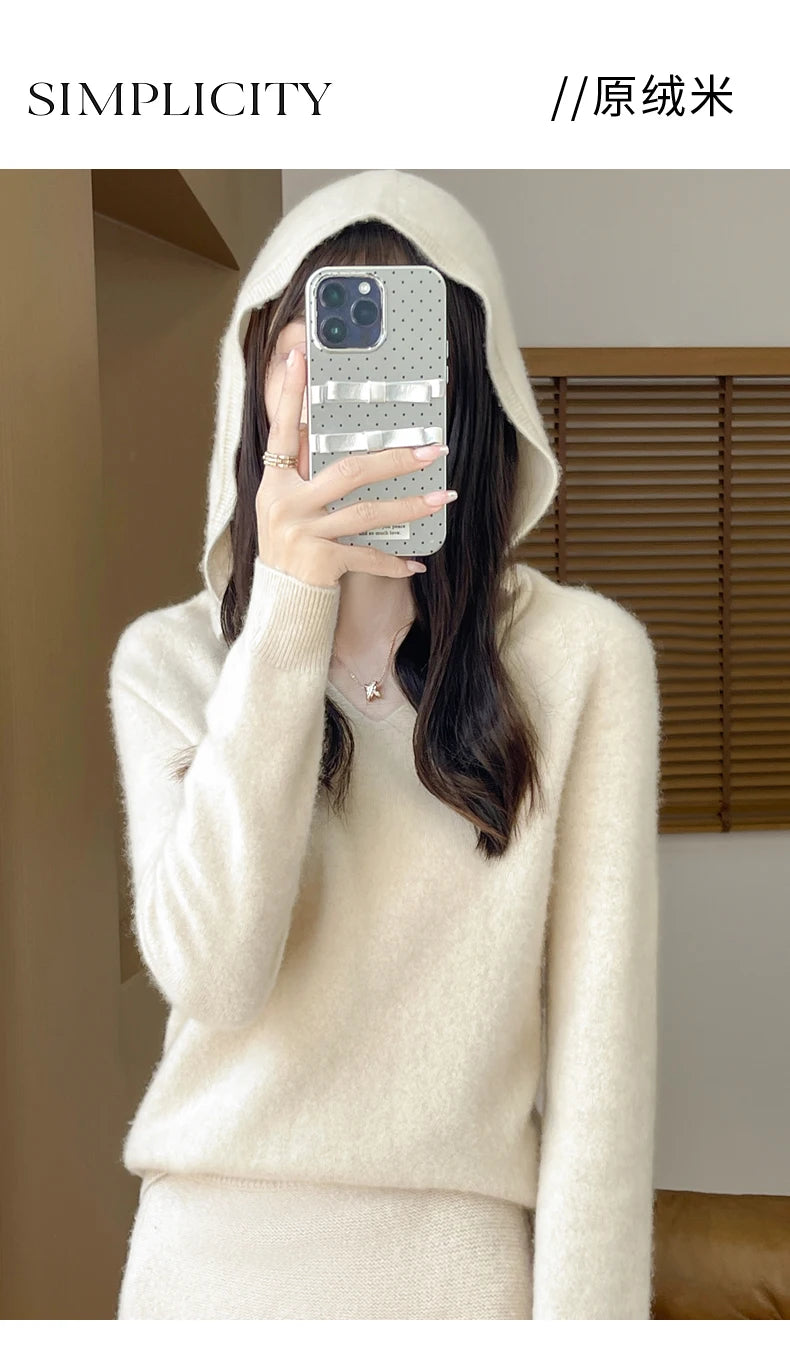 Abbigliamento donna autunno inverno colletto con cappuccio pullover maglione di lana merino 100% nuova moda top in cashmere che tocca il fondo maglieria morbida
