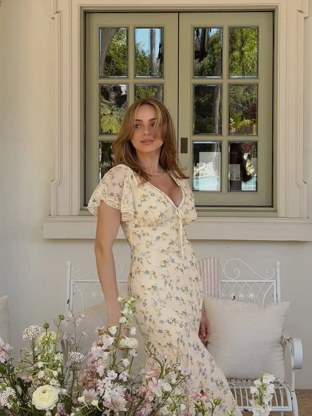 Abito lungo da donna con scollo a V, spacco alto, mezza manica, vestibilità slim, elegante, con vita accentuata e volant, perfetto per feste, vacanze ed estate