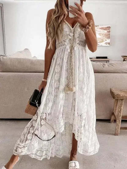 Abito lungo da donna senza maniche in pizzo sexy per le vacanze al mare alla moda estiva con scollo a V scava fuori abiti eleganti larghi