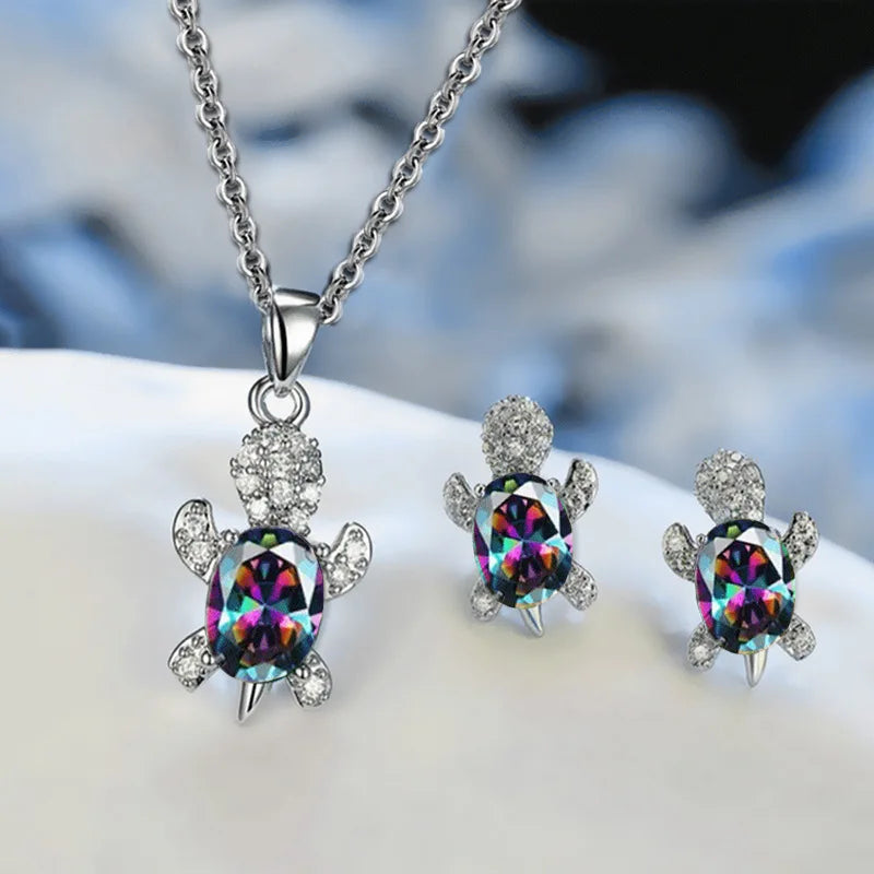 Set di orecchini con collana placcata in argento da 3 pezzi, da donna, leggero, di lusso, in stile moda, a forma di tartaruga con diamante in vetro multicolore