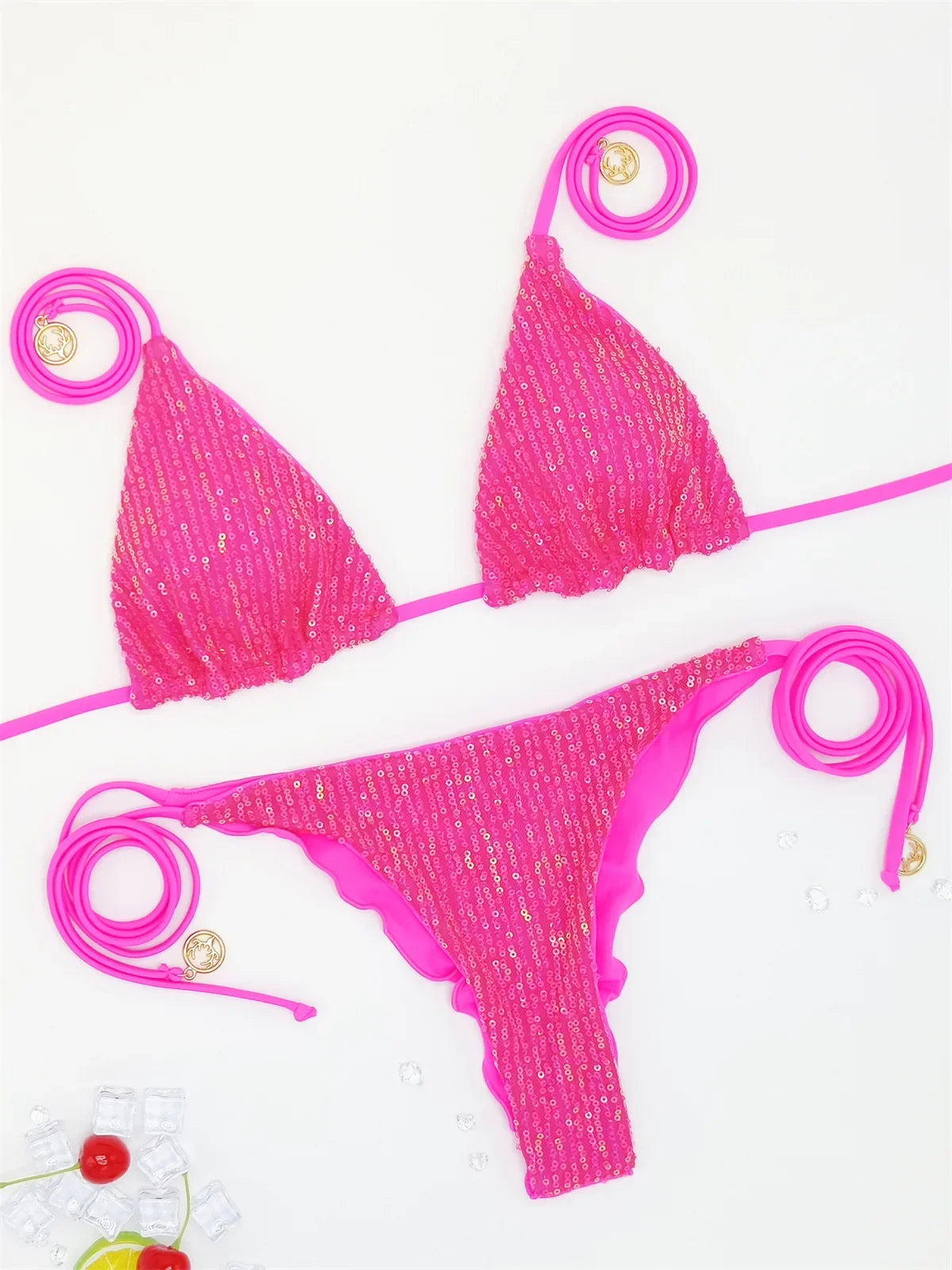 Solid Bikini Sexy Swimsuit Halter Swimwear Bathing Suit Women  Bikini Set Beach Wear Shiny Bikni Sets