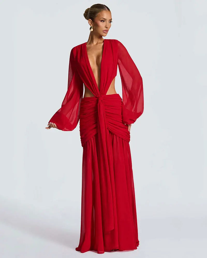 GACVGA Abito lungo elegante in chiffon per donna Nuovi abiti con maniche a lanterna Abiti lunghi aderenti da club sexy pieghettati