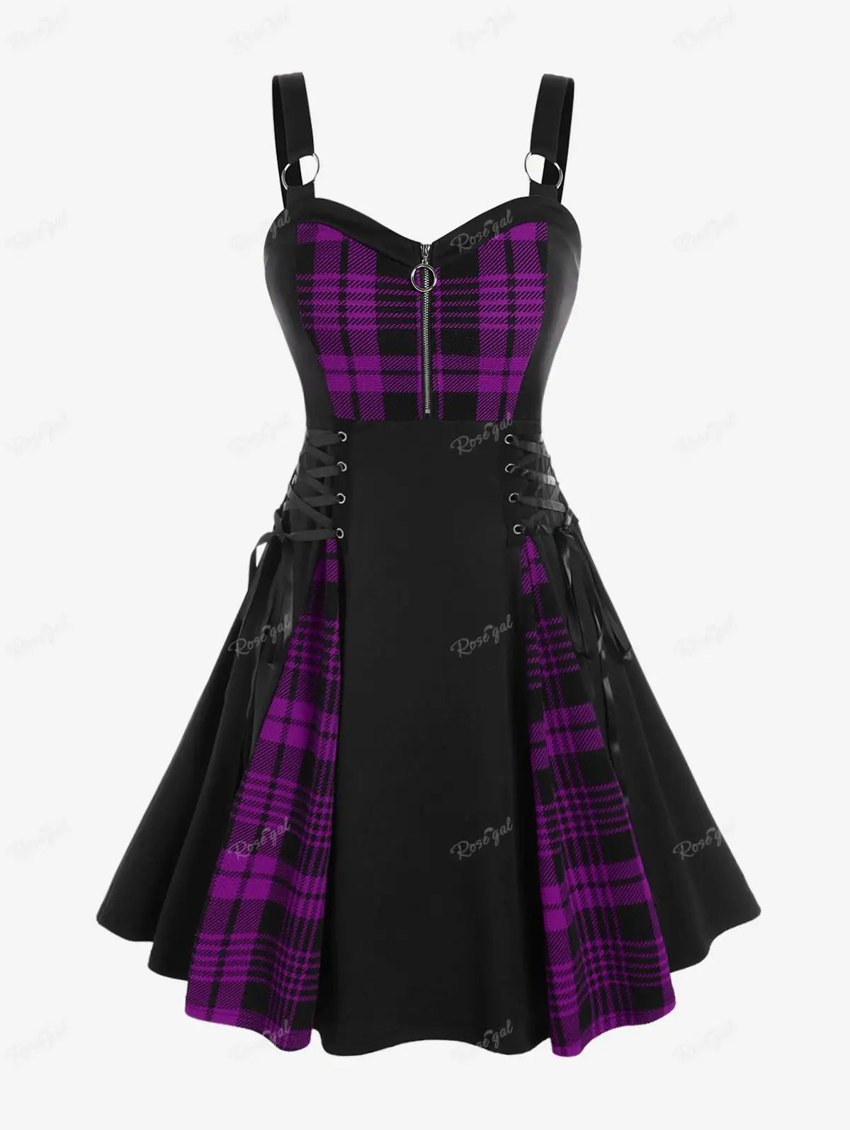 Abito casual da donna taglie forti, modello svasato con lacci, stampa a quadri colorblock, mezza cerniera e patchwork