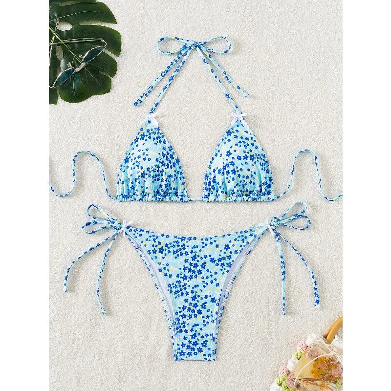 Ensemble bikini deux pièces sexy imprimé léopard Soutien-gorge triangle Bretelles dos nu Ensemble de maillots de bain à lacets pour les vacances à la plage