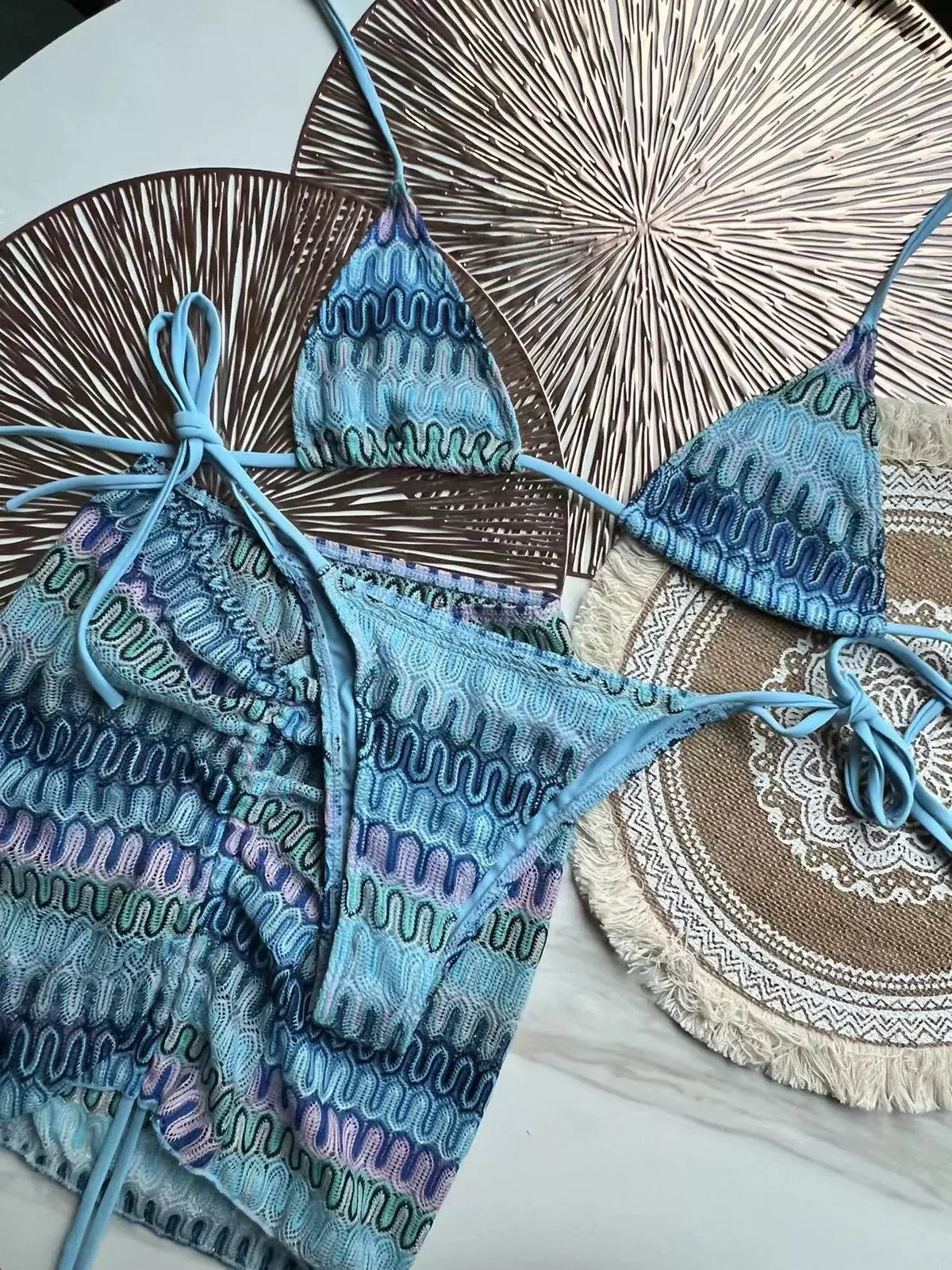 Costume da bagno donna Gonna bikini lavorata a maglia con foglie d'acero colorate Set tre pezzi Costume da bagno diviso Bikini