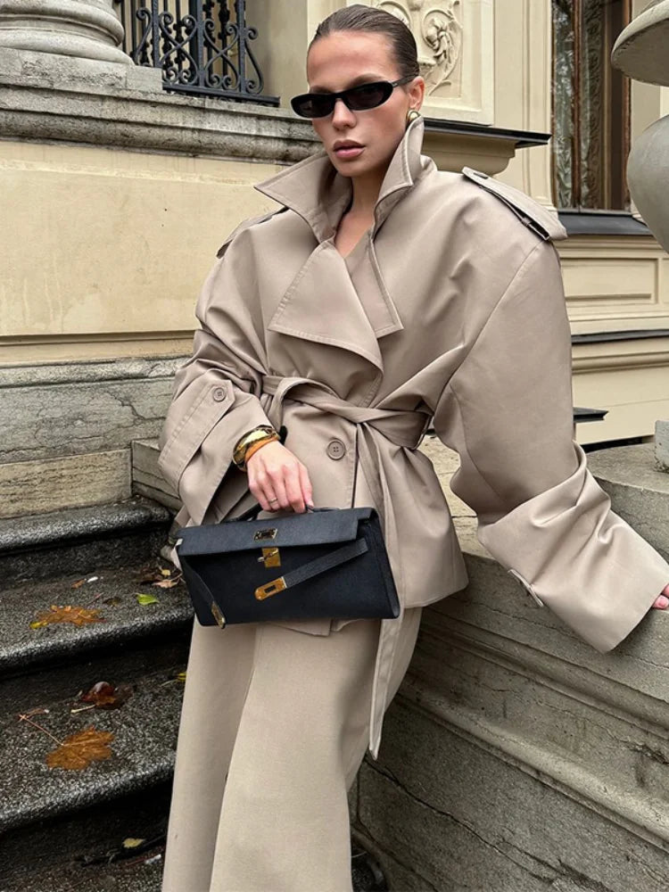 Trench lungo con lacci solido Moda donna Manica intera Risvolto monopetto Capispalla allentato Lady Autunno Cappotto Highstreet quotidiano