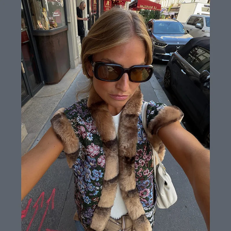 Gilet senza maniche modello Paisley vintage da donna con finiture in pelliccia di procione Gilet moda Capispalla 2025 Autunno Inverno Streetwear