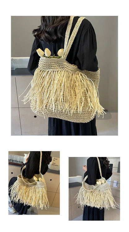 Borse a tracolla da donna in tessuto con nappe casual Borse da donna con frange fatte a mano Borsa tote grande da spiaggia estiva Borsa shopper grande per le vacanze