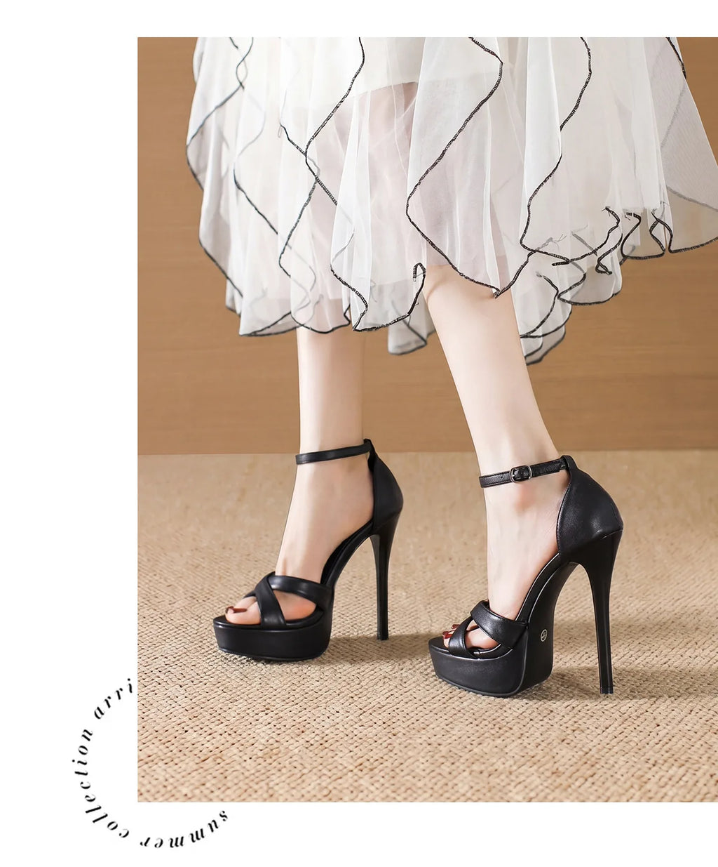 Plateau-Sandalen für Damen, Supermodel-Laufstegschuhe, 14 cm dünner High Heel, schwarzer überzogener Absatz, elegante Partyschuhe