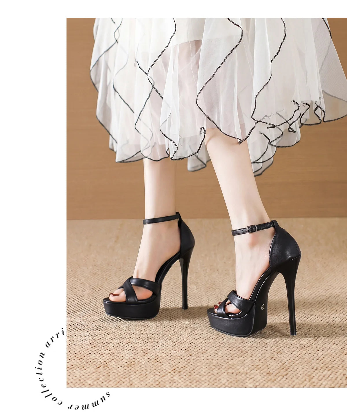 Sandales d'été à plateforme épaisse pour femmes, chaussures de défilé de super mannequin, talon haut fin de 14 cm, talon couvert noir, chaussures de soirée élégantes