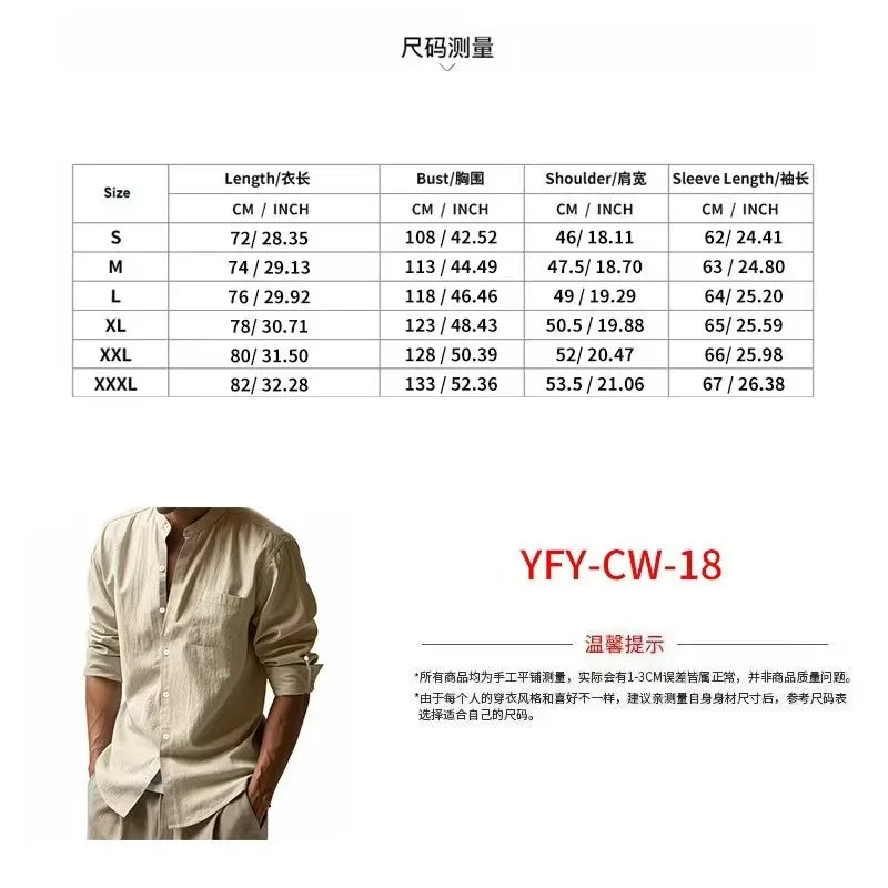 Camicia in cotone e lino da uomo, collo Henley, tinta unita, leggera, traspirante, vestibilità slim, abbottonatura singola, maniche lunghe.