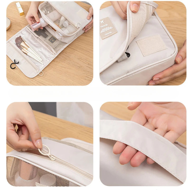 Borsa da Toilette Portatile con Gancio, Multifunzionale, Impermeabile, Resistente all'Usura, Multi-Strato, Grande Capacità, per Trucchi