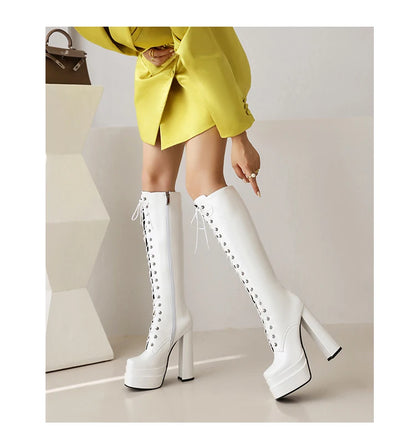 Cross-Tied Punk Style Super Chunky Heel Three-Layer Platform Women's Long Boots Side Zip Plush Lining Winter Knee-High Boots