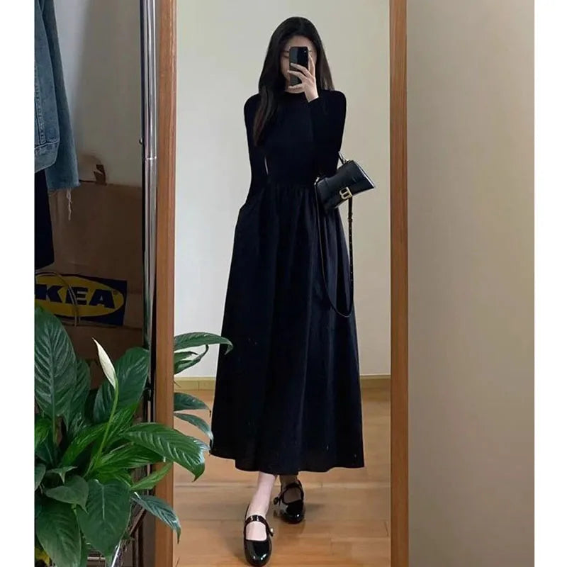 Lucyever Abiti a trapezio neri stile francese Abito longuette elegante a maniche lunghe a vita alta da donna Abito maxi slim fit autunno inverno