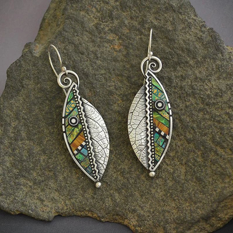 Orecchini a foglia verde bohémien per le donne Orecchini pendenti a goccia color argento vintage astratto etnico Oorbellen Pendientes O4D423