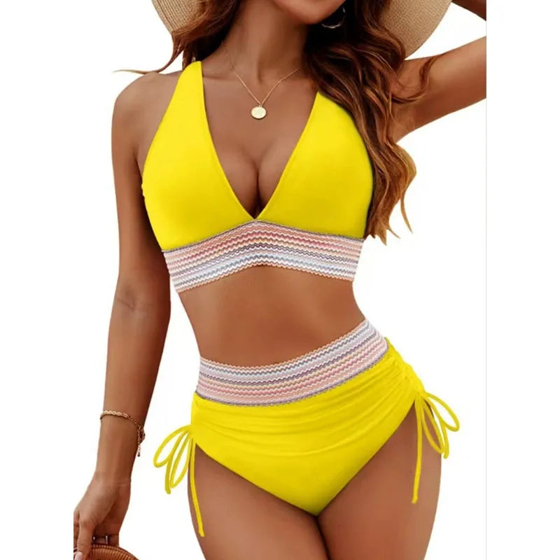 Ensemble de bikini sexy à col en V profond pour femme 2026, plage d'été avec coussin de poitrine, maillot de bain taille haute, bikini triangle à cordon de serrage