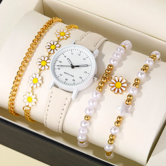 Set da 5 pezzi di nuovi set di orologi da polso fatti a mano con pentagramma creativo e margherita per ragazze