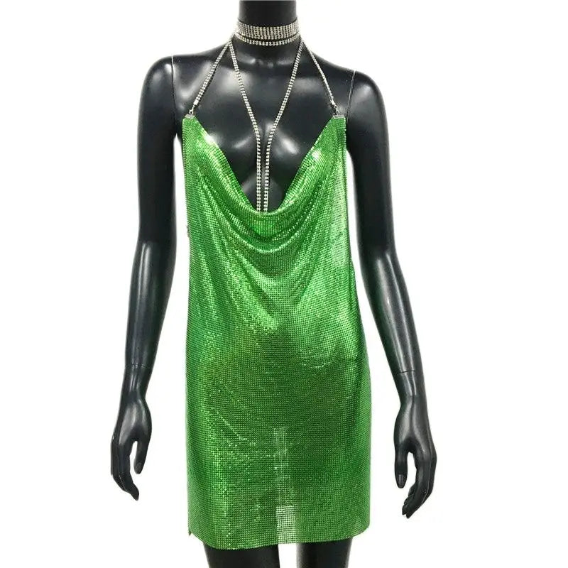 AKYZO Mini abito patchwork con paillettes dorate sexy Donna senza maniche Taglio basso Catene di metallo Halter Slim Abiti da festa da discoteca affascinanti