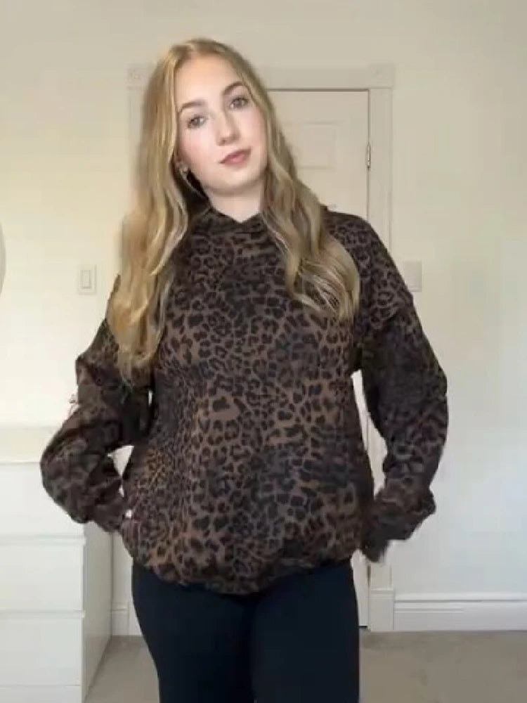 Felpa con Cappuccio Vintage Chic con Stampa Leopardata, Maniche Lunghe, Vestibilità Ampia, Stile Casual, Outfit Trendy e alla Moda per Donna