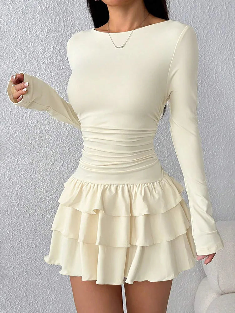 Autunno Inverno Tinta unita Slim Fit Increspature a cascata Mini abito Donna Elegante manica svasata Vita alta Abiti aderenti da festa sexy