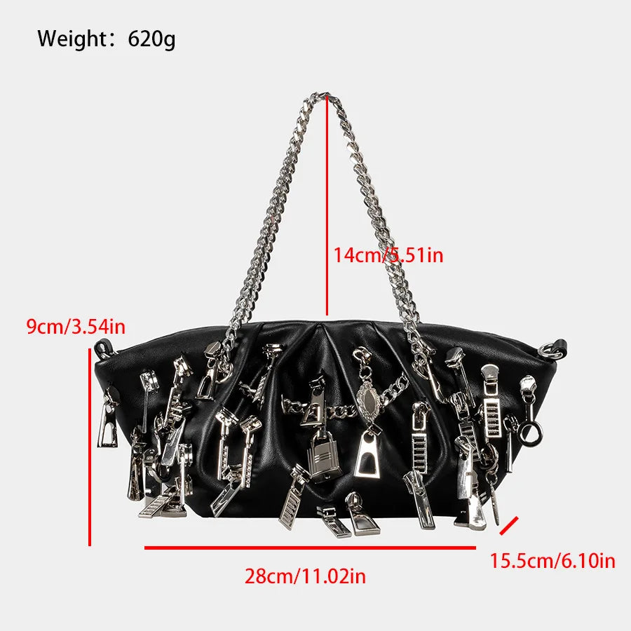 Borsa per ascelle con gnocchi increspato stile punk 2025 Borse a tracolla da donna con decorazione per la testa con cerniera multipla Borse Y2K per ragazza piccante