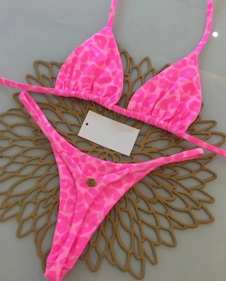 Summer Print Sexy Bikini Sets Halter Lace-up Tops Thongs Beach Style Bathing Suit Y2k Swimsuits Women Beachwear Fashion New