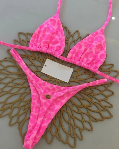 Summer Print Sexy Bikini Sets Halter Lace-up Tops Thongs Beach Style Bathing Suit Y2k Swimsuits Women Beachwear Fashion New
