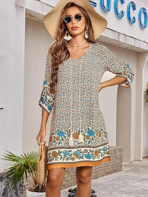 Abito stampato vintage in 7 colori Abito da donna con scollo tondo a maniche lunghe Abito estivo da vacanza di High Street