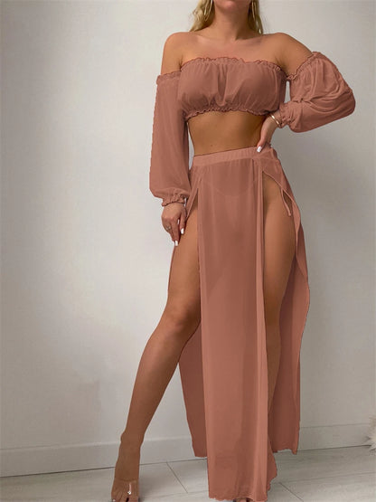 Costumi da bagno donna 2026 Nuovo solido maniche lunghe volant costume da bagno a fascia gonna lunga grembiule in rete 2 pezzi costume da bagno da spiaggia femminile