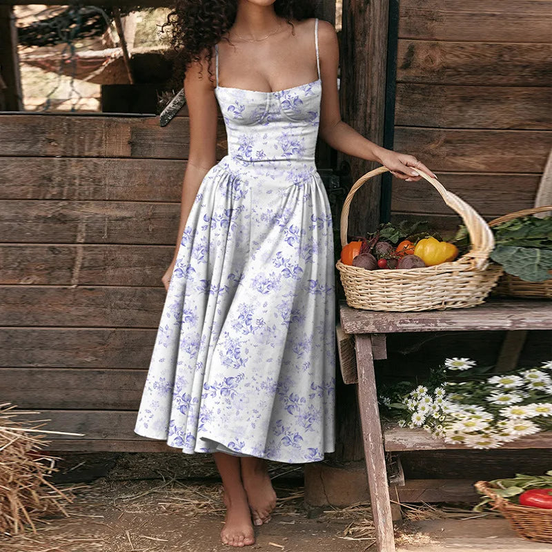 2024 Estate Sexy Della Cinghia di Spaghetti Abiti Lunghi Sottile Francese Vintage Elegantes Stile Della Bretella Vestito Da Partito Abiti Robes Longues