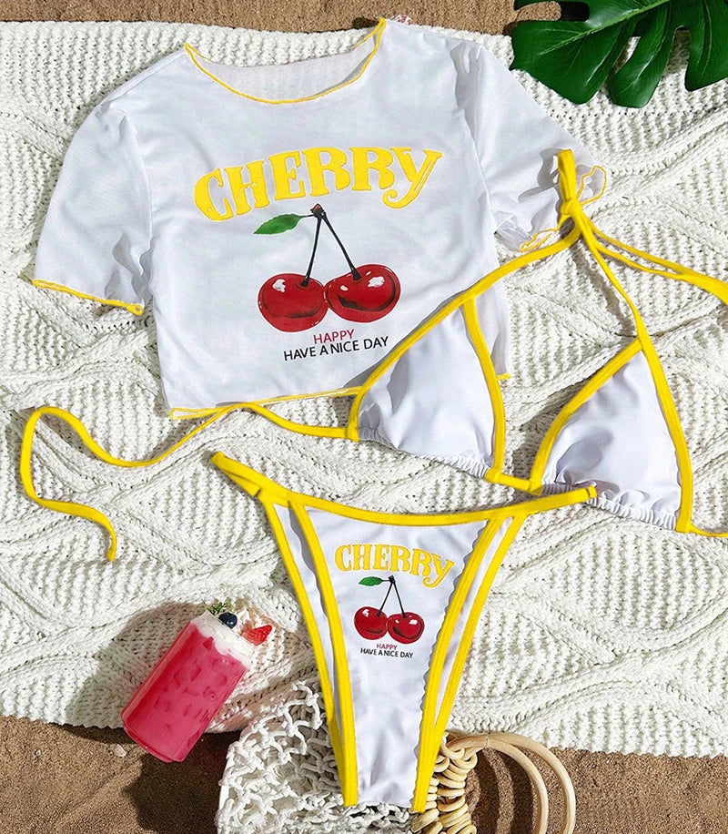 Sexy Thong Bikini 2026 Women Cherry Print Bikinis Short Sleeve Three-pieces Split Bathing Suit Summer Lace Up Swimsuit Beachwear