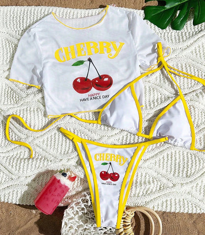 Sexy Thong Bikini 2026 Women Cherry Print Bikinis Short Sleeve Three-pieces Split Bathing Suit Summer Lace Up Swimsuit Beachwear