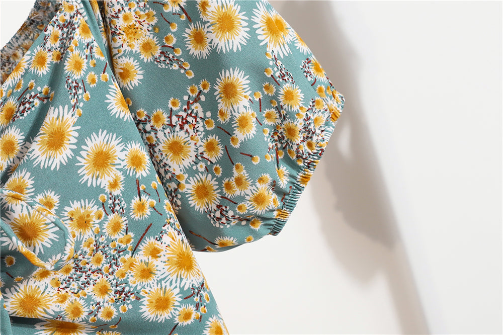 Mini abiti da donna Moda estiva Abiti femminili Stampa Abiti in chiffon floreale Abito casual con maniche corte a pieghe arricciate