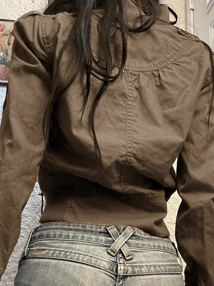 Giacche Crop Vintage per Donne, Cappotto Casual Slim Fit con Cerniera Stile Harajuku, Abbigliamento Streetwear Y2K a Maniche Lunghe per l'Autunno