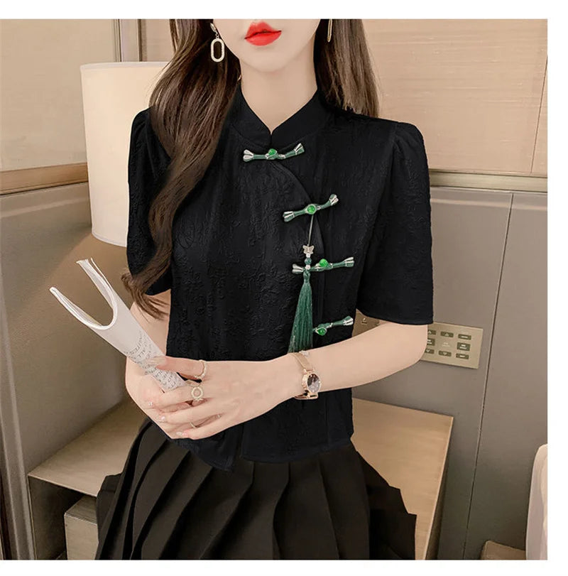 Camicie in stile cinese Maniche corte Donna Nuovo cappotto Estate 2025 Senso Design Nicchia Manica a palloncino Cardigan Top irregolari Donna