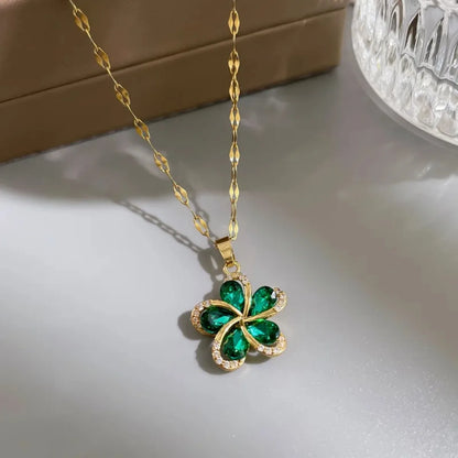 DIEYURO Collana con ciondolo fiori in zircone verde in acciaio inossidabile 316L per le donne Nuovi regali di gioielli di compleanno con catena fortunata per ragazze di lusso